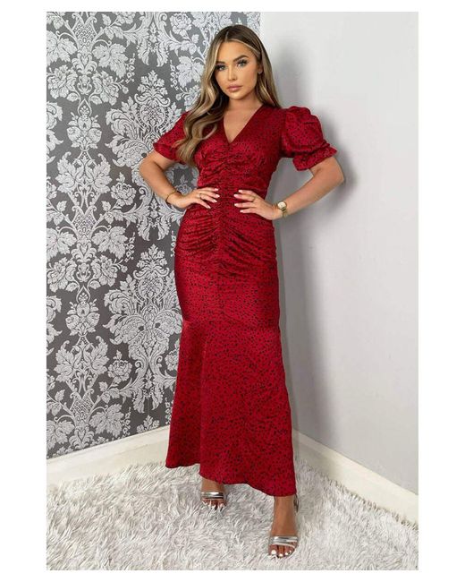 AX Paris Red And Printed Short Sleeve Ruched Front Midi Dress