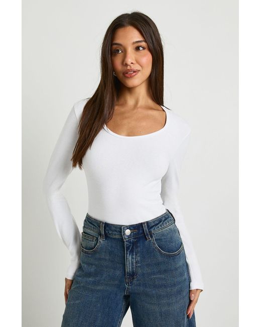 Boohoo White Basic Long Sleeve Scoop Neck Bodysuit