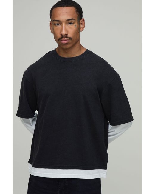 BoohooMAN Black Essential Washed Regular Fit Faux Layer Long Sleeve T-Shirt for men