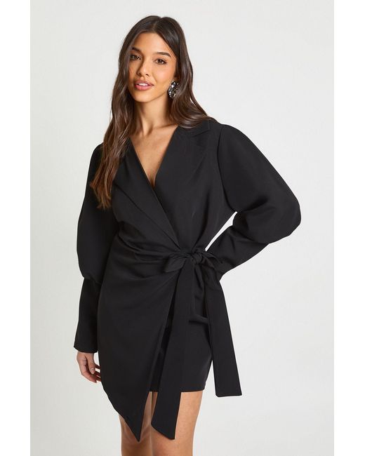 Boohoo Black Volume Sleeve Tie Waist Blazer Dress