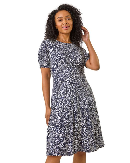 Roman Blue Petite Floral Print Shirred Stretch Dress