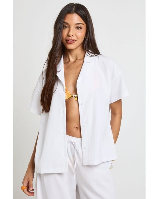 Boohoo White Essentials Oversized Textured Short Sleeve Beach Shirt
