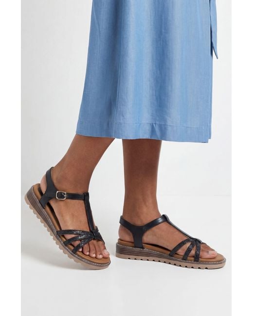 Good for the Sole Blue Andie Faux Leather T-Bar Low Wedge Comfort Sandals