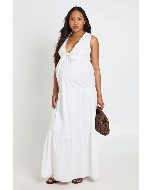 Boohoo White Maternity Lace Detail Teired Maxi Dress