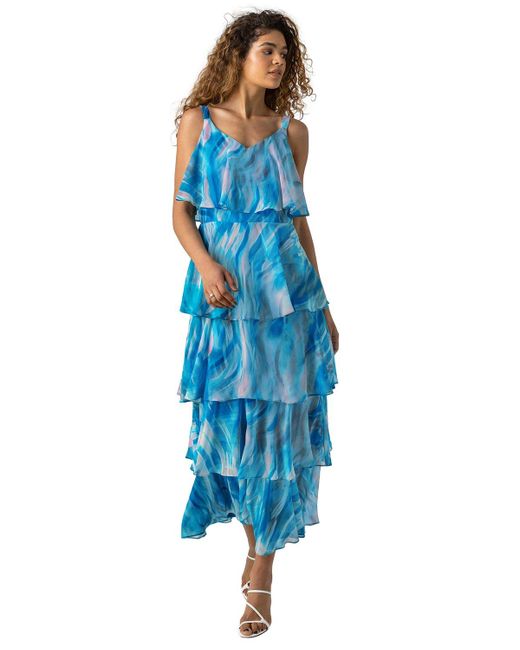 Roman Blue Abstract Print Tiered Maxi Dress