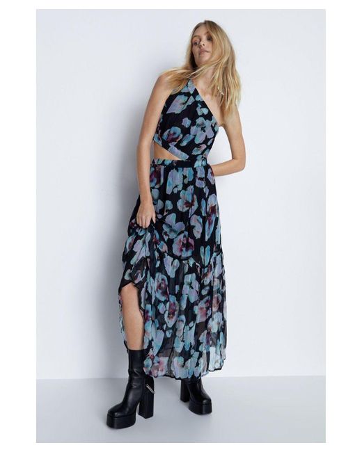 Warehouse Blue Floral Crinkle Chiffon Cutout One Shoulder Maxi Dress Viscose