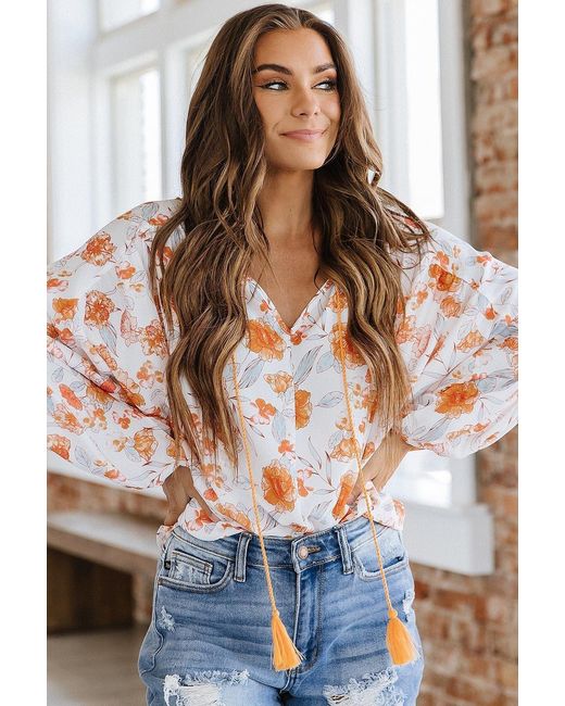Everyday the Label Brown Tassel Tie V Neck Bubble Sleeve Floral Blouse