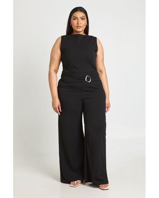 Boohoo Black Plus Belted Trim Detail Wide Leg Jumpsuit