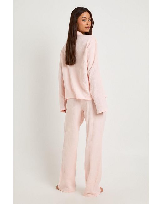 Boohoo Pink Tall Muslin Long Sleeve Shirt & Trouser Pyjama Set