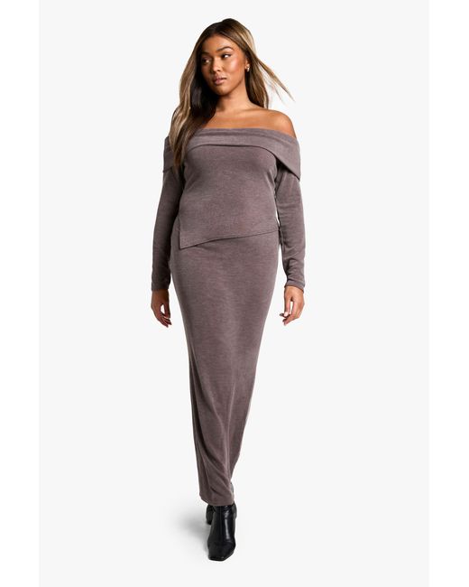 Boohoo Brown Plus Two Tone Rib Off Shoulder Top & Maxi Skirt Co Ord