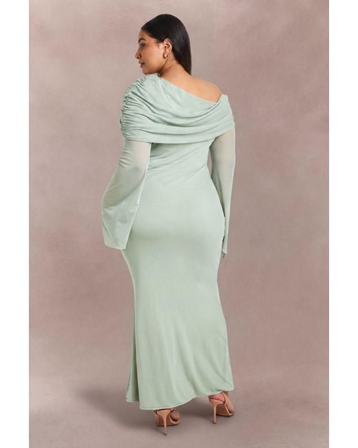 Boohoo Green Plus Mesh Bardot Drape Detail Maxi Dress