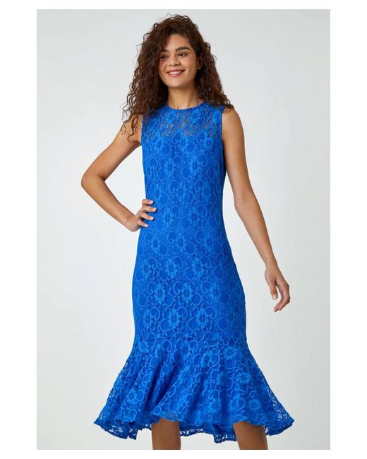 Roman Blue Sleeveless Frill Hem Lace Midi Dress