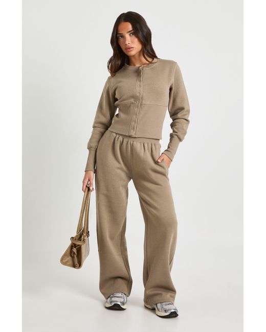 Boohoo Natural Petite Deep Hem Popper Bomber Sweatshirt Tracksuit