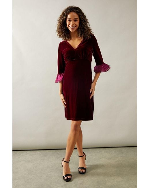 Wallis Red Occasion Velvet Pleated Cuff Mini Dress