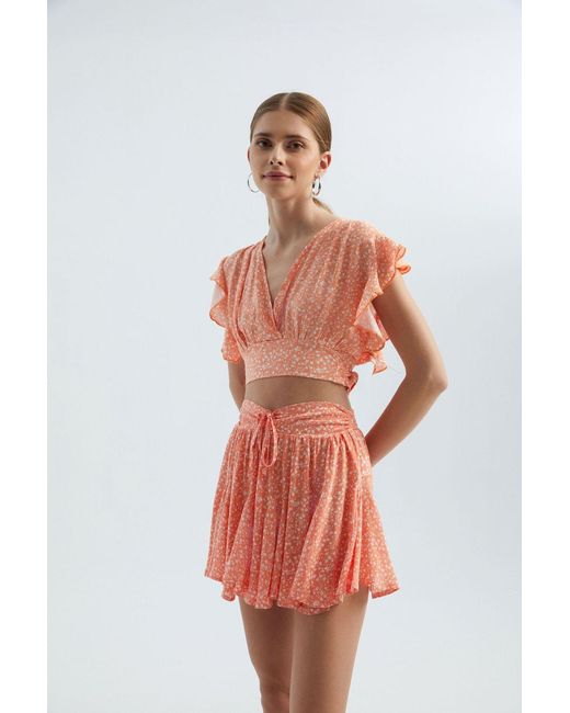 Hiccup Orange Floral High Waist Drawstring Ruffle Mini Skirt