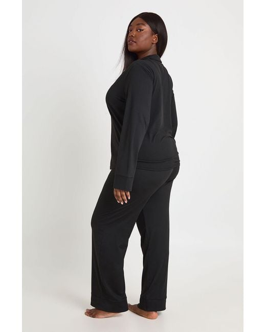 Boohoo Black Plus Soft Touch Button Through Shirt And Trouser Pyjama Set