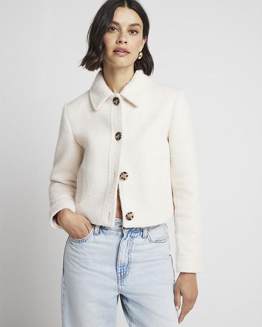 River Island White Trophy Jacket Collared Cropped