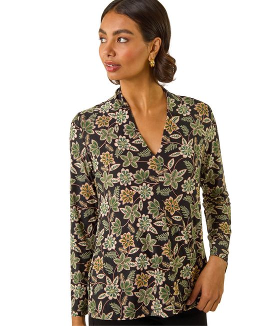 Roman Green Floral Print V-Neck Top