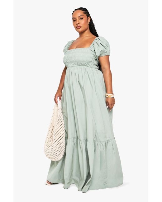 Boohoo White Plus Cotton Poplin Puff Sleeve Maxi Dress