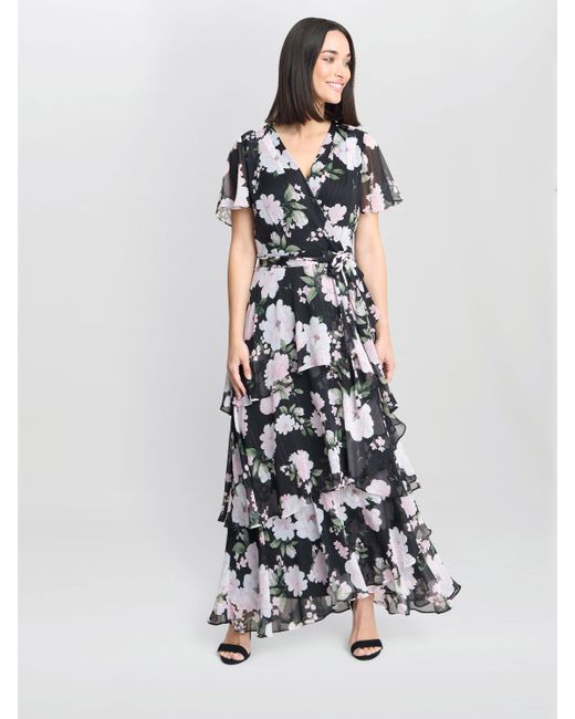 Gina Bacconi White Sally Printed Maxi Tiered Dress With Tie Belt