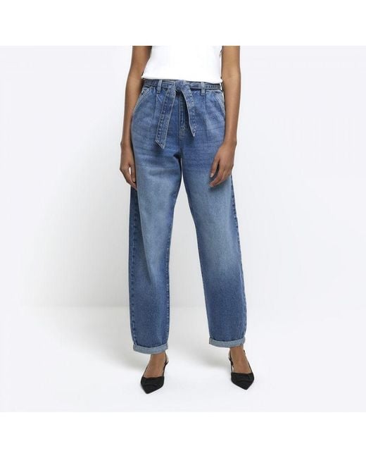 River Island Blue Barrell Jeans High Waisted Belted Cotton