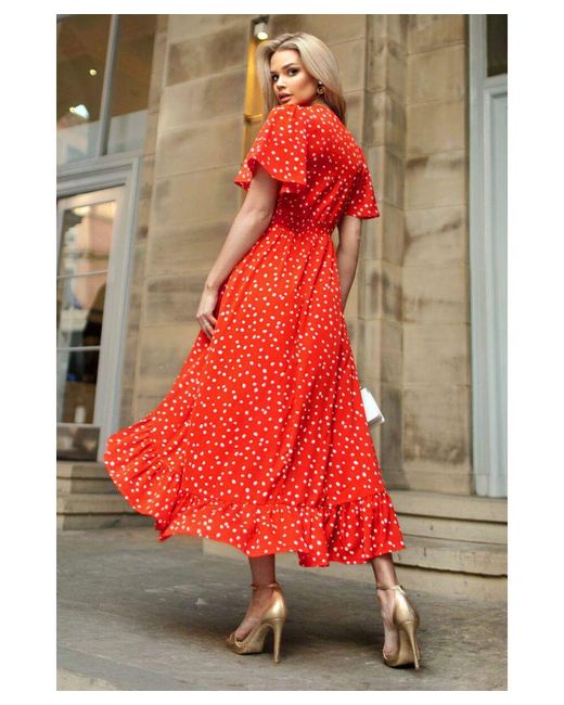 AX Paris Red And Polka Dot Printed High Low Midi Dress