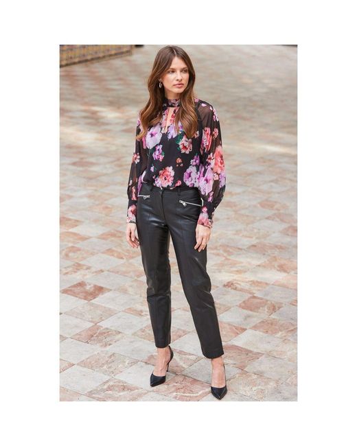 Sosandar Black Floral Print Keyhole Detail Blouson Sleeve Top
