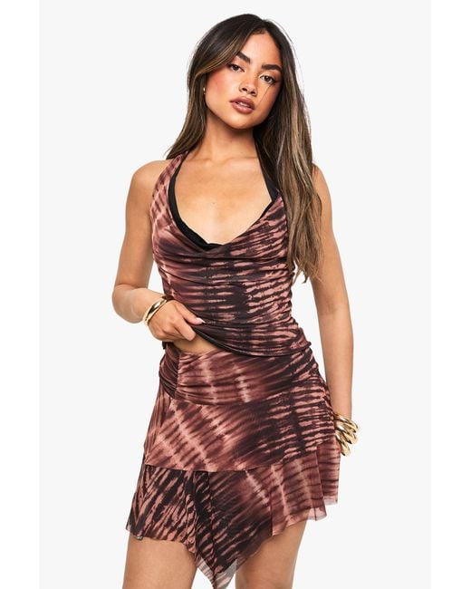 Boohoo Red Tiger Print Mesh Foldover Waist Mini Skirt