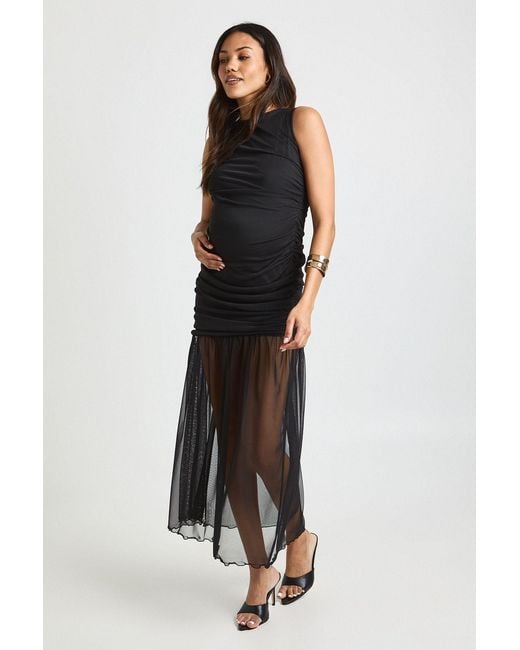 Boohoo Black Maternity Ruched Waist Sheer Skirt Maxi Dress