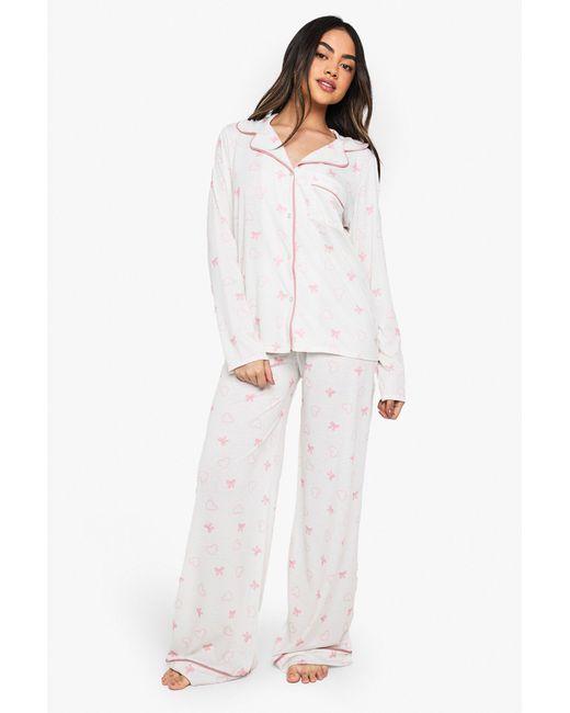 Boohoo White Bow Print Piping Detail Long Sleeve Shirt & Trousers Pyjama Set