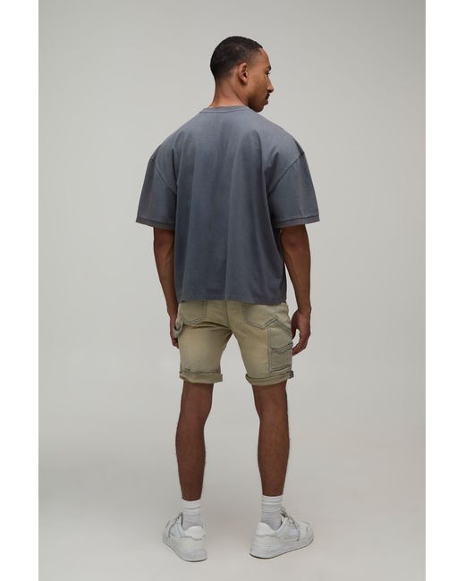 BoohooMAN Green Skinny Stretch Multi Rip Carpenter Washed Shorts Cotton for men