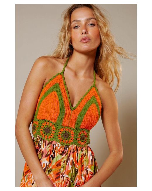 Warehouse Brown Crinkle Rayon Border Print Crochet Top Maxi Dress