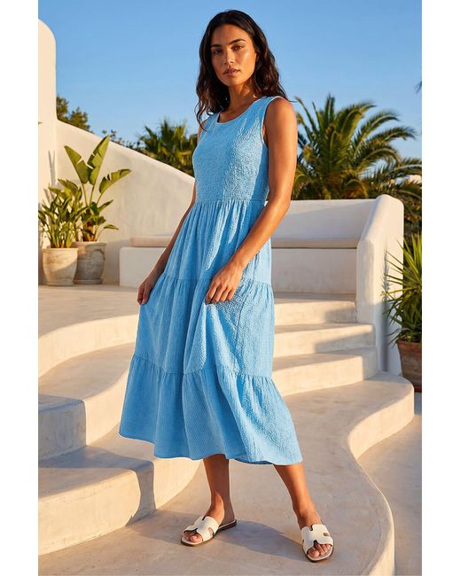 Roman Blue Shirred Textured Smock Midi Dress