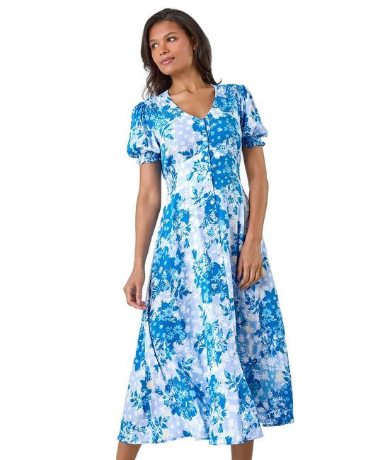 Roman Blue Button Through Floral Shirred Midi Dress