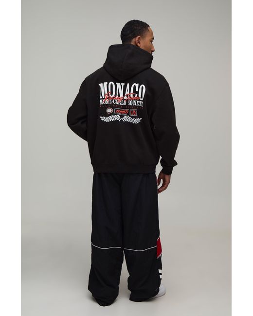 BoohooMAN Black Oversized Monaco Moto Print Hoodie Cotton for men