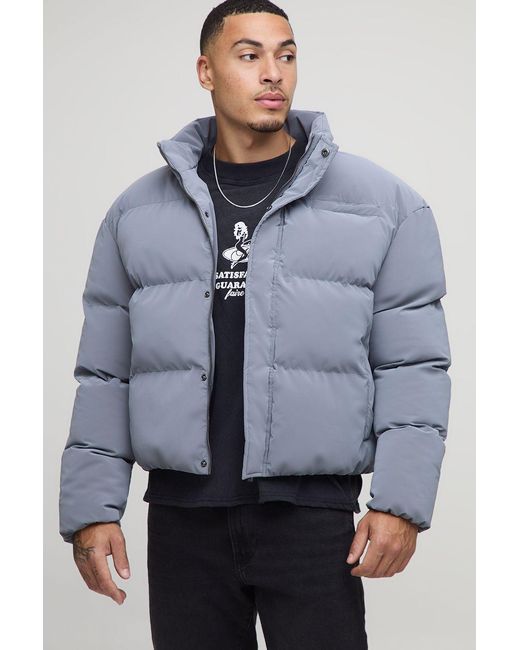 BoohooMAN Gray Boxy Fit Rubberised Pu Funnel Neck Puffer Jacket for men