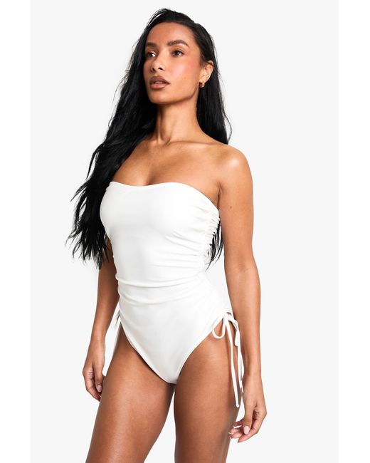 Boohoo White Petite Swimwear Essentials Ruched Swimsuit