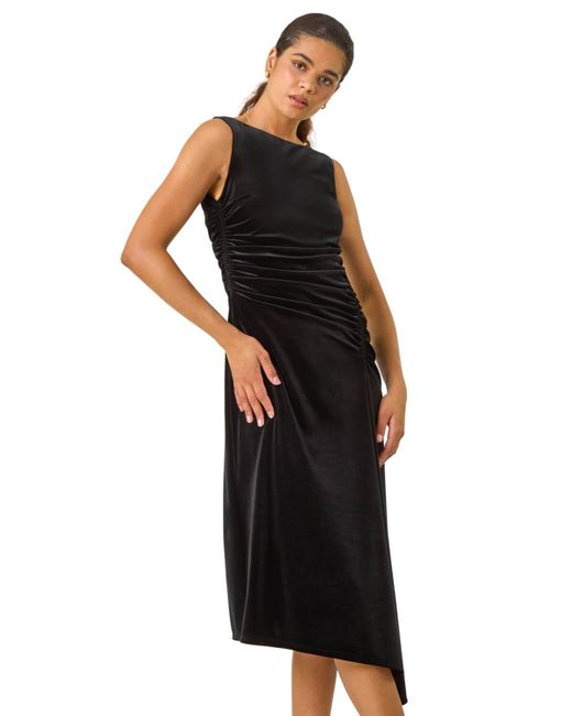 Roman Black Velvet Side Ruched Stretch Midi Dress