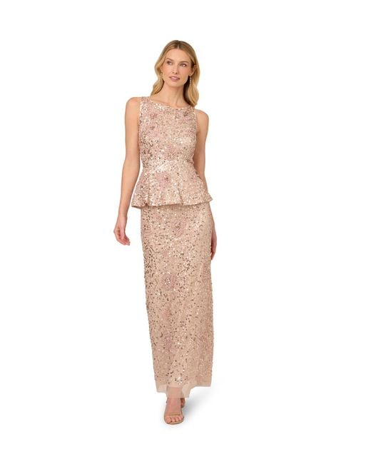 Adrianna Papell White Beaded Peplum Long Dress