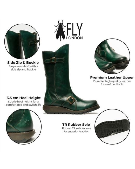 Fly London Green Mes 2 Wedge Heel Buckle Mid-Calf Leather Zip Platform Boots