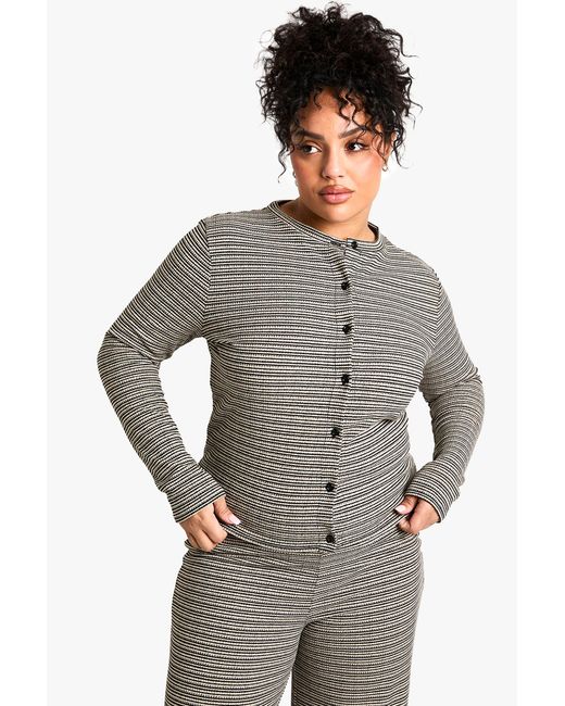 Boohoo Gray Plus Stripe Long Sleeve Button Down Top