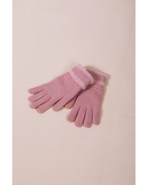 SVNX Pink Knitted Gloves With Plush Detail