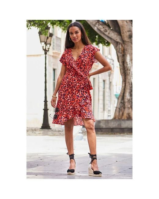 Coral Leopard Short Sleeve Ruffle Detail Wrap Jersey Dress