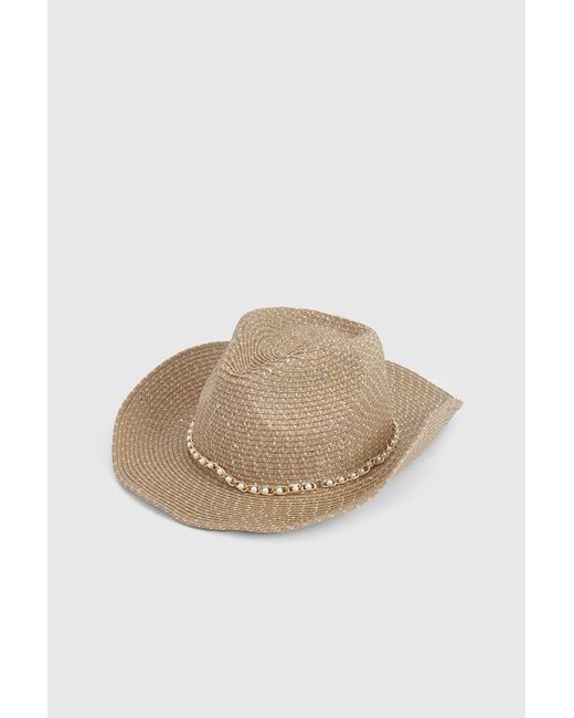 Boohoo Natural Pearl Trim Sequin Embellished Straw Cowboy Hat