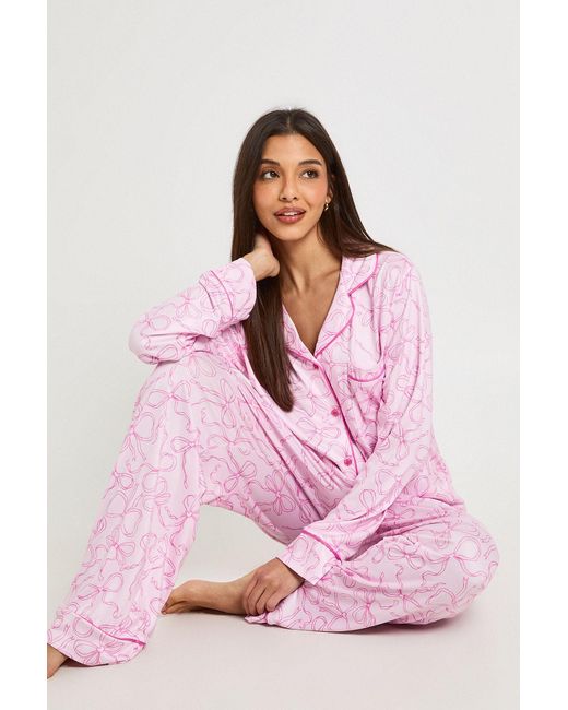 Boohoo Pink Bow Print Long Sleeve Shirt & Trouser Pyjama Set