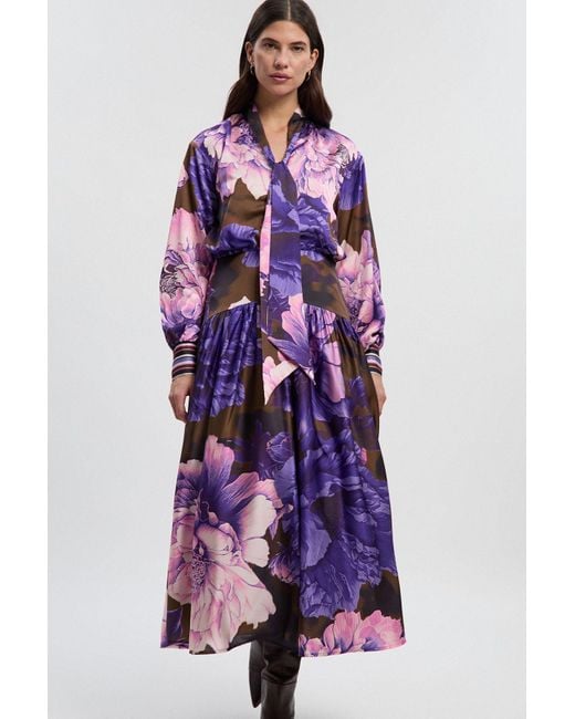Karen Millen Purple Print Hammered Satin Collared Woven Shirt Dress