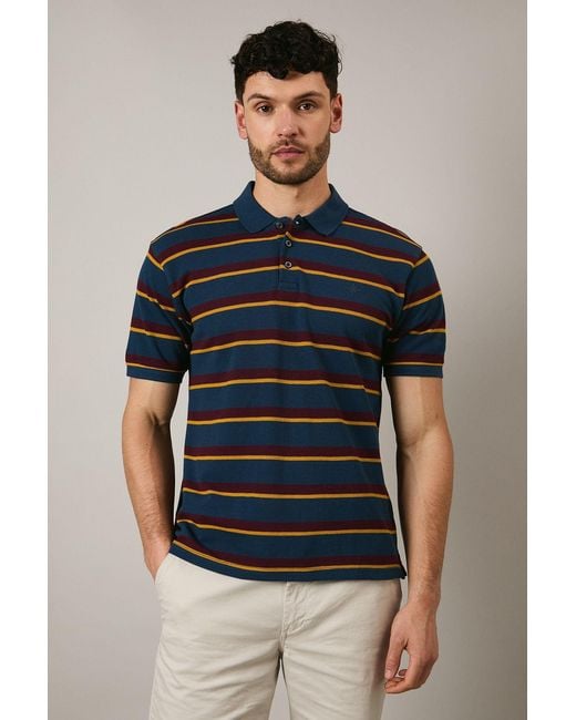 MAINE Blue College Stripe Polo Shirt Cotton for men