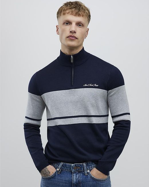 River Island Blue Jumper Slim Fit Colour Block Half Zip Viscose for men