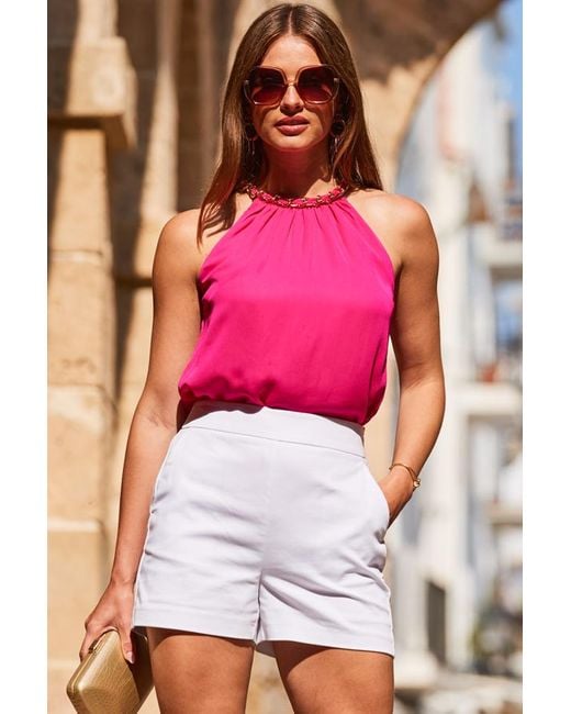 Sosandar Pink Hot Chain Trim Halter Neck Top Viscose