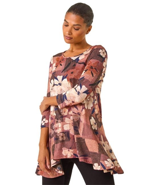 Roman Red Floral Print Hanky Hem Stretch Top
